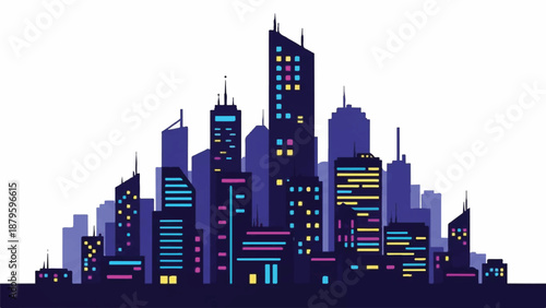 A futuristic night city illustration featuring a vibrant cityscape with sleek skyscrapers and neon lights against a dark background.