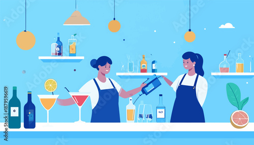 Two baristas prepare drinks behind a counter filled with bottles and garnishes