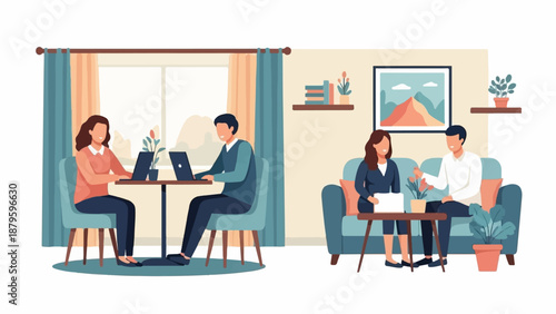 Two pairs of colleagues collaborating in a modern office setting, one pair working at desks, the other on a sofa