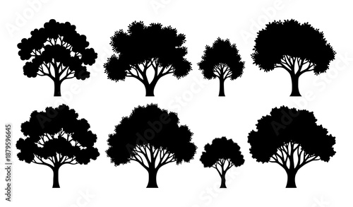 Realistic apple tree silhouette vector collection with detailed canopies isolated on white 