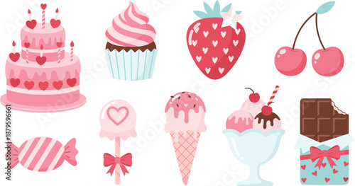 Cute pink dessert icons set with cake cupcake ice cream candy fruit and chocolate sweets