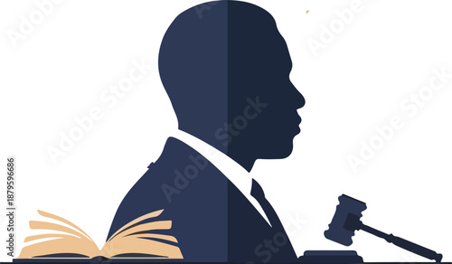 Silhouette of a man in a suit with a gavel and an open book on a white background, conveying a sense of justice and law.