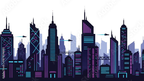 A futuristic night city illustration featuring a vibrant skyline with sleek skyscrapers and neon lights against a dark background.