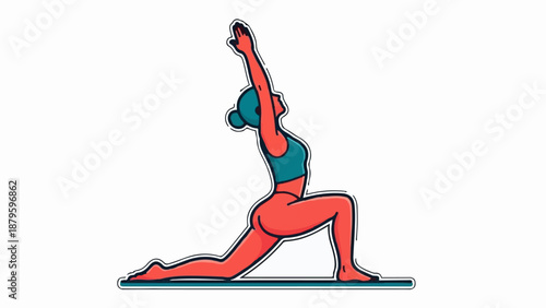 Woman in yoga pose, arms extended upward, lunging forward on mat