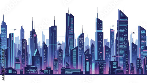 A futuristic night city illustration with sleek skyscrapers and neon lights set against a dark blue and purple gradient background.