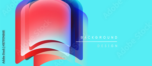 Abstract shapes overlap, creating vibrant color gradients. Turquoise background complements red, blue hues. Modern design element.