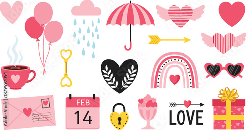 Valentines day love icons set with hearts gifts calendar cupid arrows and romantic symbols