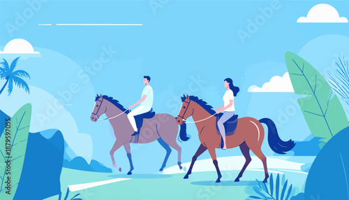 Two people on horseback ride through a serene, stylized landscape with palm trees and mountains