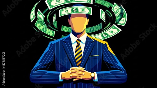 Stylized illustration of a focused businessman in a pinstripe suit contemplating financial success while dollar bills circulate around his head powerfully.