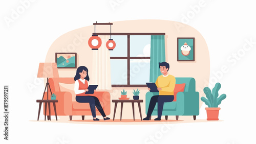 Two people sit on couches in a living room, looking at tablets