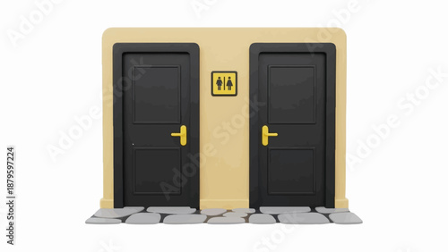 Two black doors with gold handles flank a yellow wall with a gender-neutral restroom sign