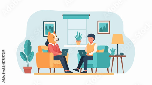 Two figures, one a dog, sit in cozy chairs, typing on laptops