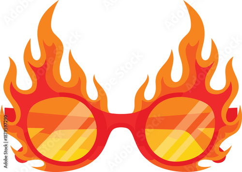 Flaming sunglasses cartoon icon with fire flames representing hot summer style and bold fashion concept