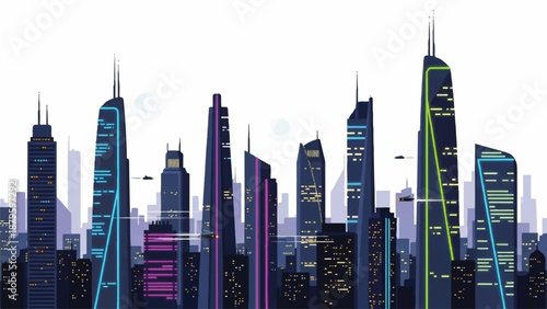 A futuristic night city illustration featuring a vibrant skyline with sleek skyscrapers and neon lights against a white background.