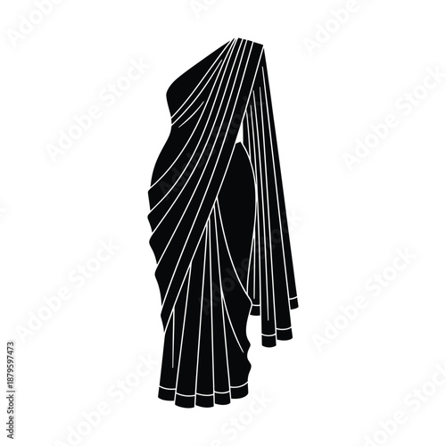Elegant pleated saree silhouette vector, Indian cultural dress fashion icon isolated on white