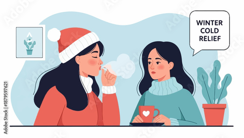Two women indoors, one in a Santa hat blowing steam, with a plant and a mug