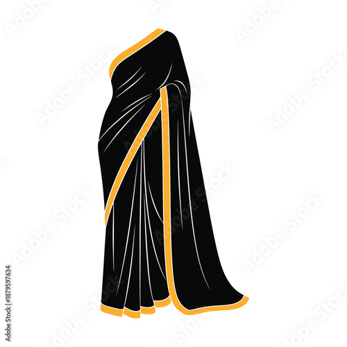 Elegant draped black and gold saree silhouette vector, isolated Indian cultural dress illustration