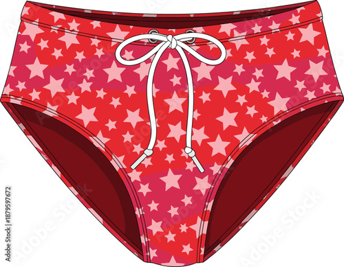Cute women underwear illustration with red star pattern panties and ribbon detail for daily wear