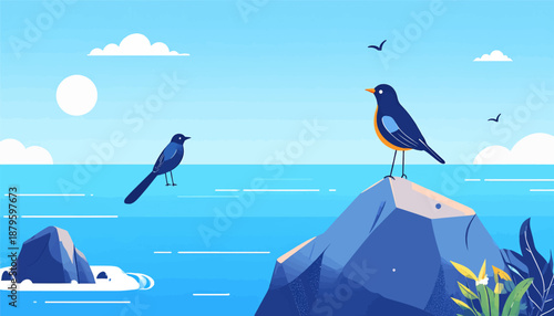 Two birds perch on rocks in a tranquil blue sea under a partly cloudy sky