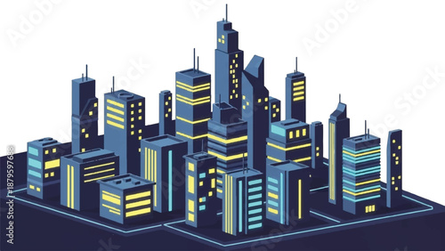 A futuristic night city illustration featuring a cluster of sleek skyscrapers with vibrant yellow and blue lights against a dark background.