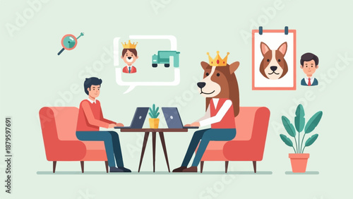 Two figures, one human and one canine, wear crowns and work on laptops, discussing ideas