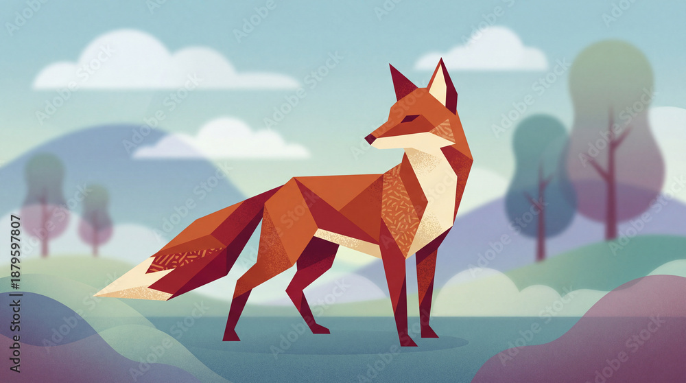 Obraz premium A stylized, geometric fox stands majestically on a verdant expanse under a pastel sky. The scene radiates tranquility with trees and gentle clouds dotting the horizon.