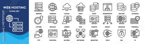 Web hosting icon set collection. pack contain server, domain, cloud, host, data, bandwidth, secure, storage, uptime, backup