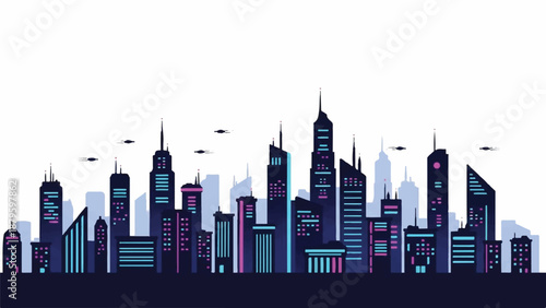 A futuristic night city illustration featuring a vibrant cityscape with sleek skyscrapers and neon lights against a dark background.
