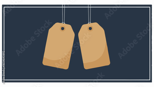 Two blank brown paper tags hang from strings on a dark blue background