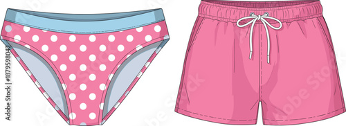 Cute girls underwear and summer shorts illustration set with pink polka dot fashion design