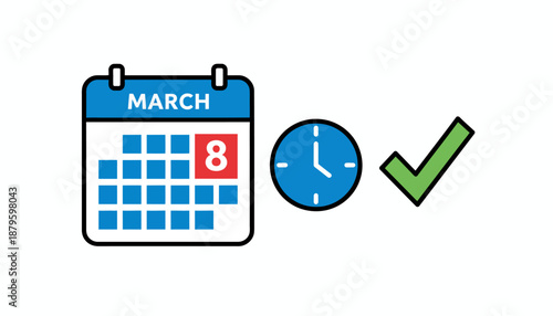 Calendar showing March 8th with a clock and a green checkmark, symbolizing a successful scheduled event or deadline completion.
