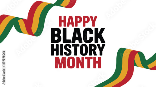  happy black history month typography banner with flowing pan african color ribbons celebrating african american heritage, culture, pride, diversity and equality on white background