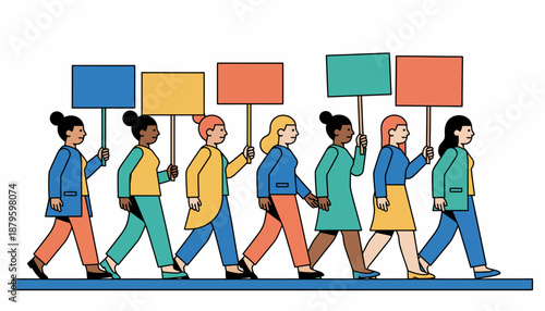 Seven diverse women marching in a line, each holding a blank protest sign, symbolizing unity and advocacy for social change.
