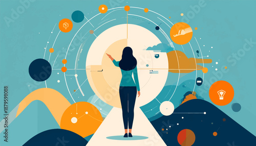 Woman interacts with a circular diagram showing connections and icons representing ideas