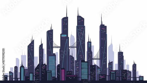 A futuristic night city illustration featuring a vibrant cityscape with sleek skyscrapers and modern architecture against a dark background with shades of purple and blue.