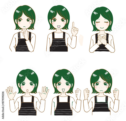 Illustration of a green-haired girl using various hand gestures in different poses and facial expressions