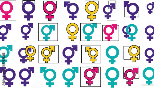 A grid of diverse gender symbols including male, female, and transgender representations in various colors, with some symbols highlighted by black boxes.