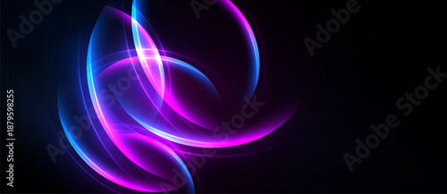 Bright neon curves swirl against dark background. Vivid pinks, blues create abstract energy, dynamic visual impact.