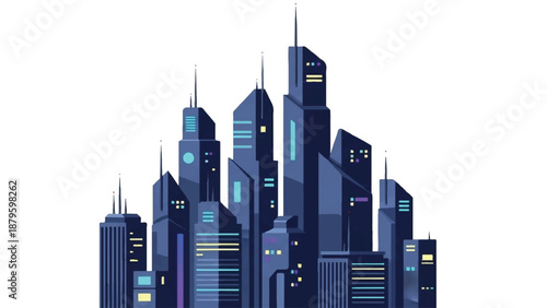 A futuristic night city illustration featuring a dark blue cityscape with illuminated windows and skyscrapers against a white background.
