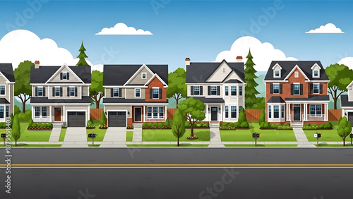 Row of colorful suburban townhouses with green lawns and trees under a blue sky with fluffy white clouds on a sunny day.Only Illustration