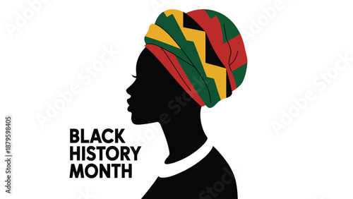  black history month illustration with african woman silhouette wearing colorful headwrap in pan african colors representing african american heritage, culture, identity, pride and diversity