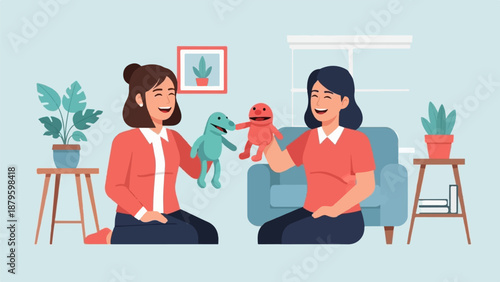 Two women joyfully play with puppets in a cozy, plant-filled room