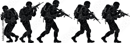 Tactical military soldiers silhouette patrol movement illustration armed combat team marching formation vector isolated on white background for defense security design