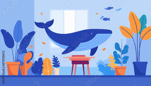 Whimsical interior scene with a large whale as centerpiece, surrounded by potted plants and small fish