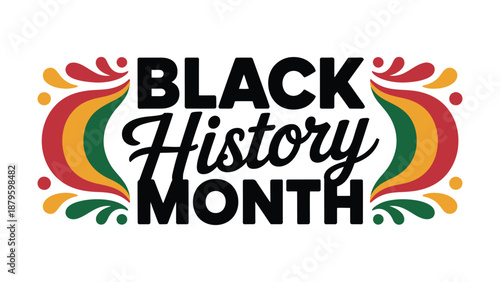  black history month artistic typography with colorful abstract flourishes representing african american heritage, culture, diversity, equality and community celebration on white background