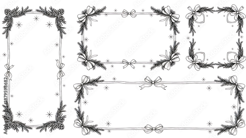 Obraz premium Floral Frames Collection: Elegant Winter Flowers with Bows, Sparkling Holiday Borders, Hand-Drawn Vector Illustration