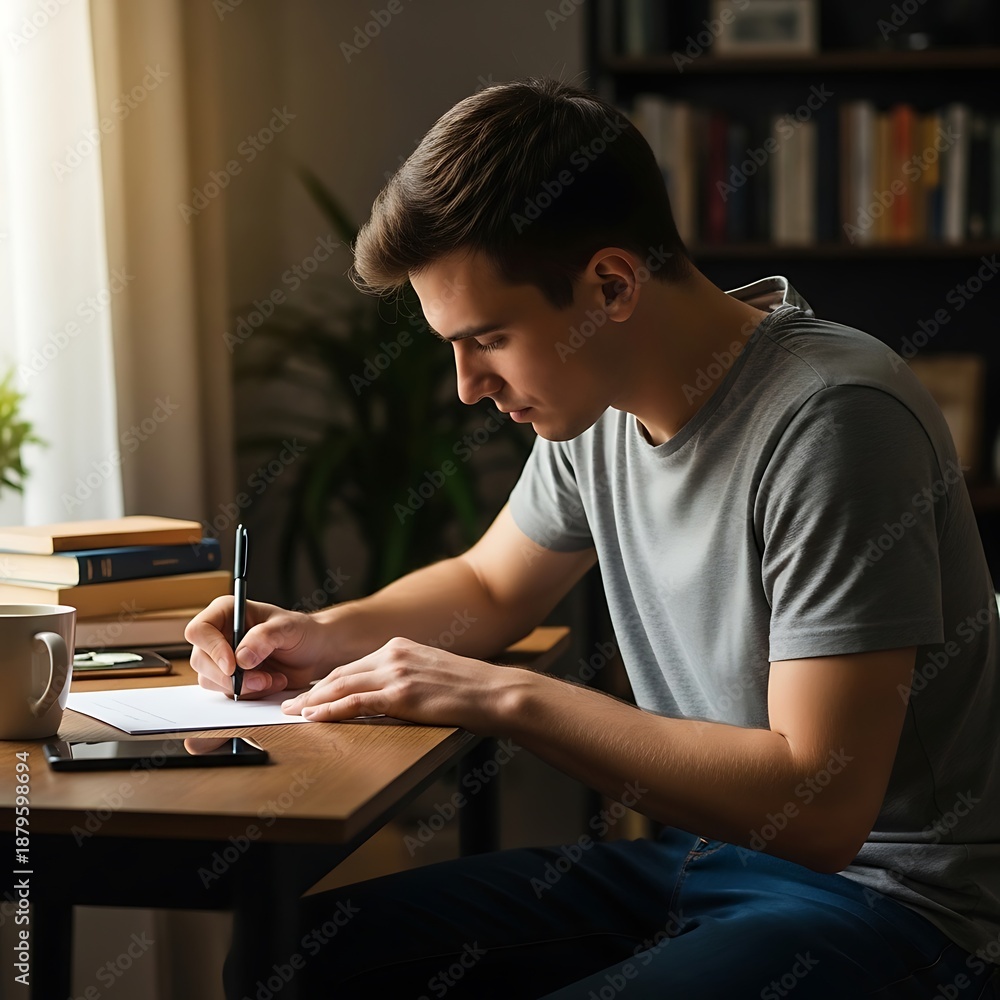 Fototapeta premium Man Writing at Desk.