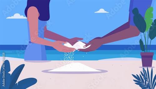 Two people pour white grains onto a beach with blue sky, ocean, and plants
