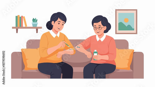 Two women on a couch, one applies cream to the other's arm