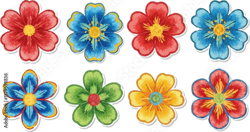 Vibrant, artistic depictions of eight unique, colorful flowers arranged in two rows on a white background
